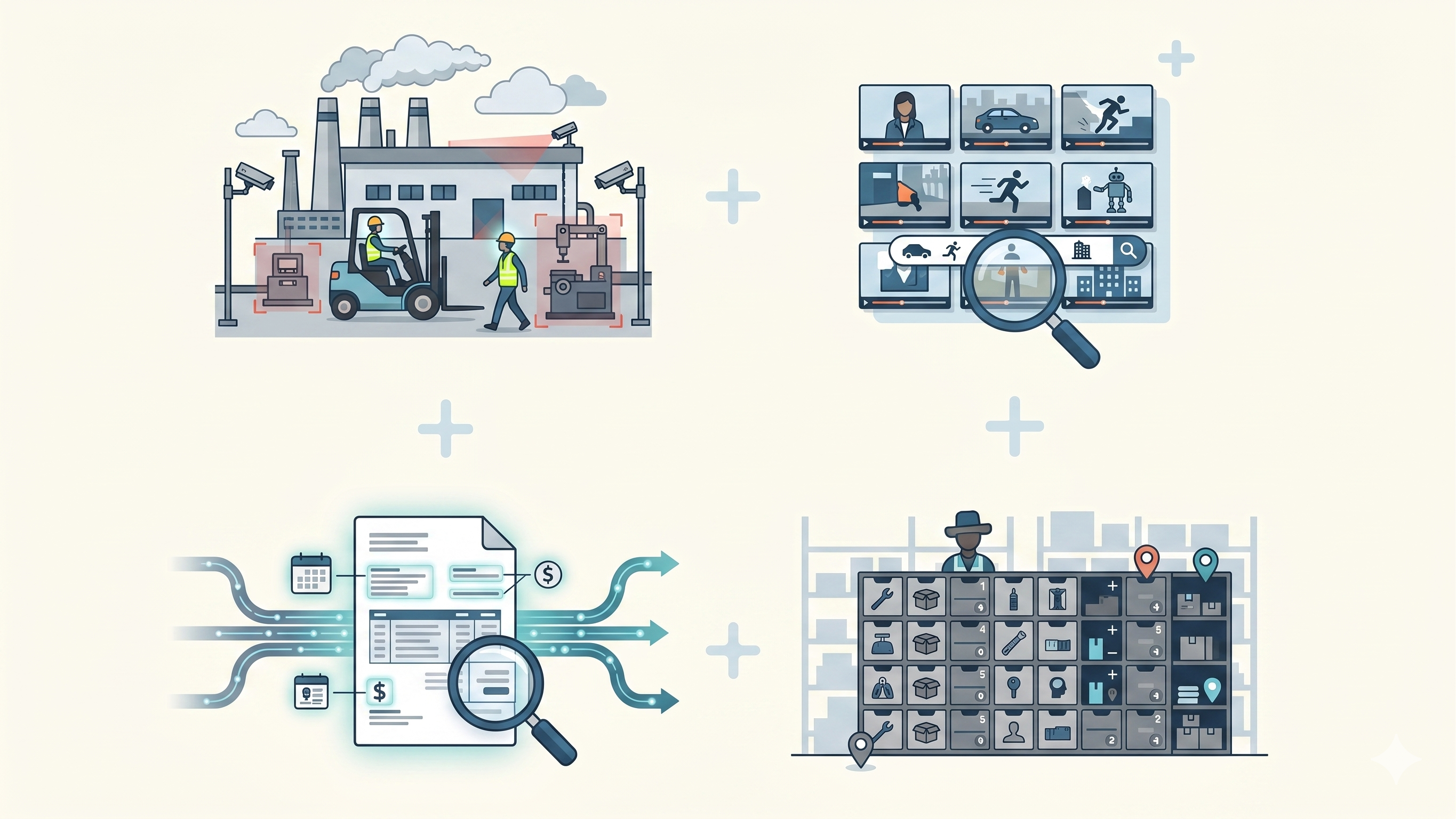 Four VisoWork use cases: industrial safety monitoring, video library search, document OCR, and warehouse inventory